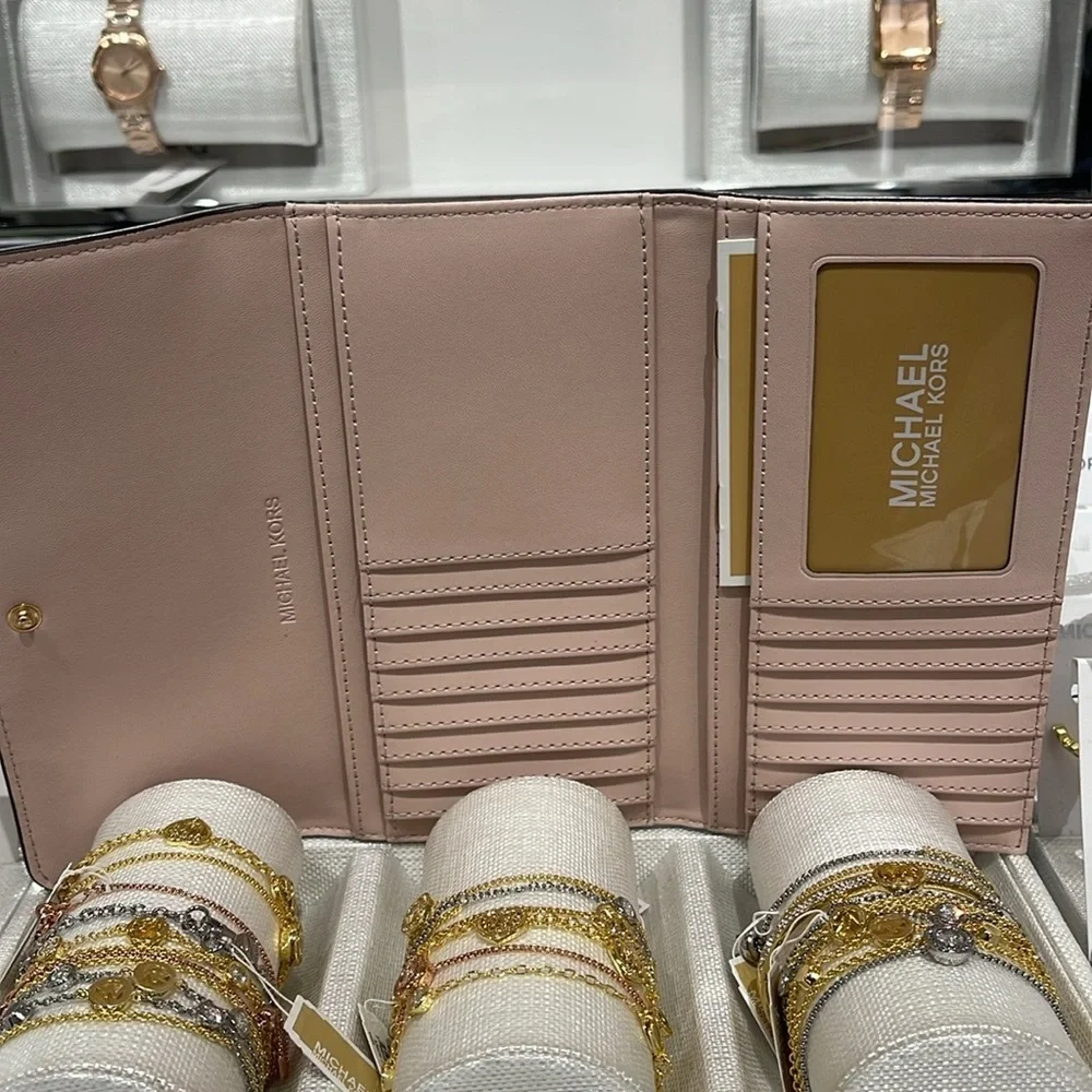 Michael Kors Jet Set Large Logo Trifold Wallet Powder Blush Multi NWT